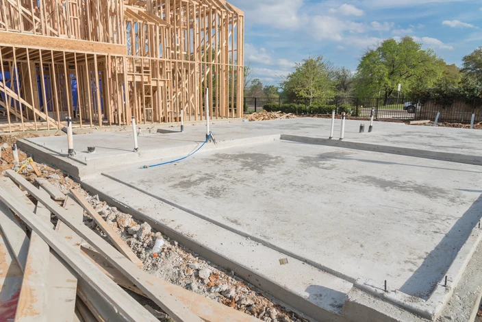 Chantier de construction résidentielle en extérieur avec dalle béton fraîchement coulée et structure bois en cours d'érection