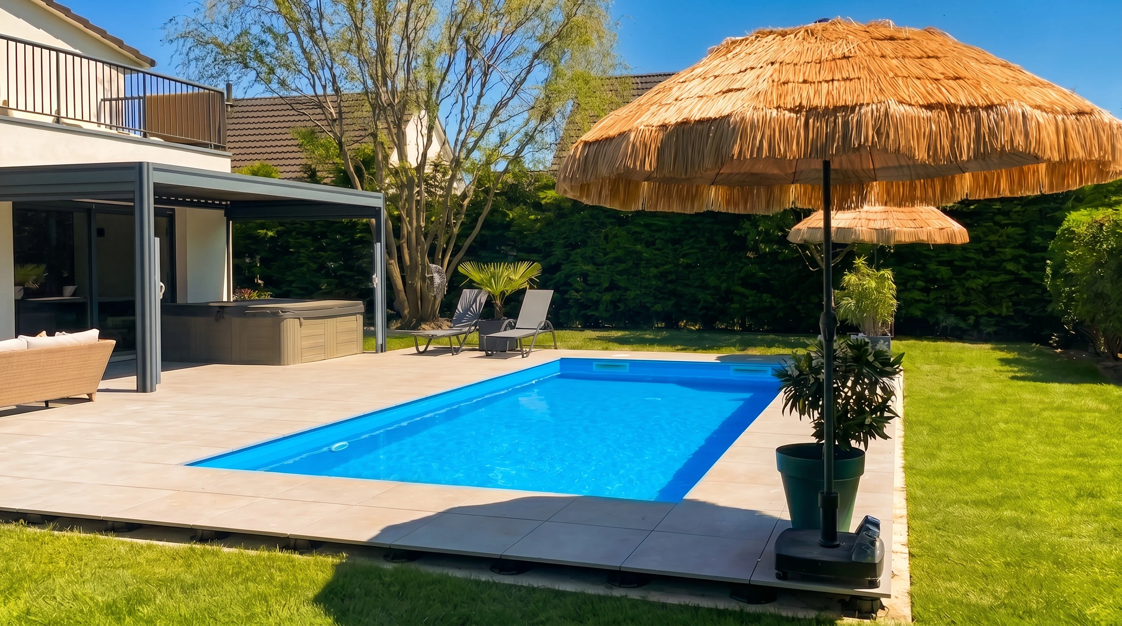 Jardin résidentiel ensoleillé avec piscine rectangulaire enterrée à revêtement vinyle bleu, entourée d'une terrasse en dalles grès cérame gris