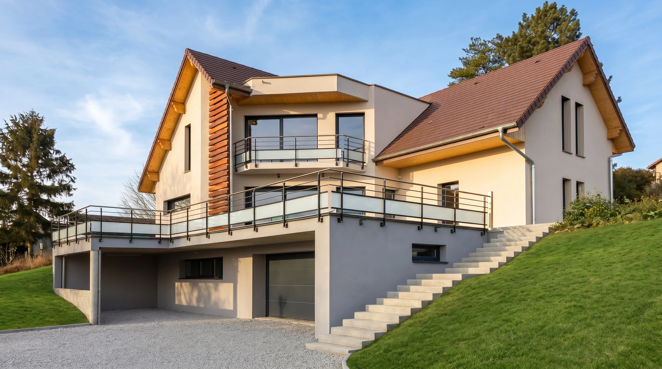 Maison individuelle neuve en cours de finition, construite sur terrain en pente
