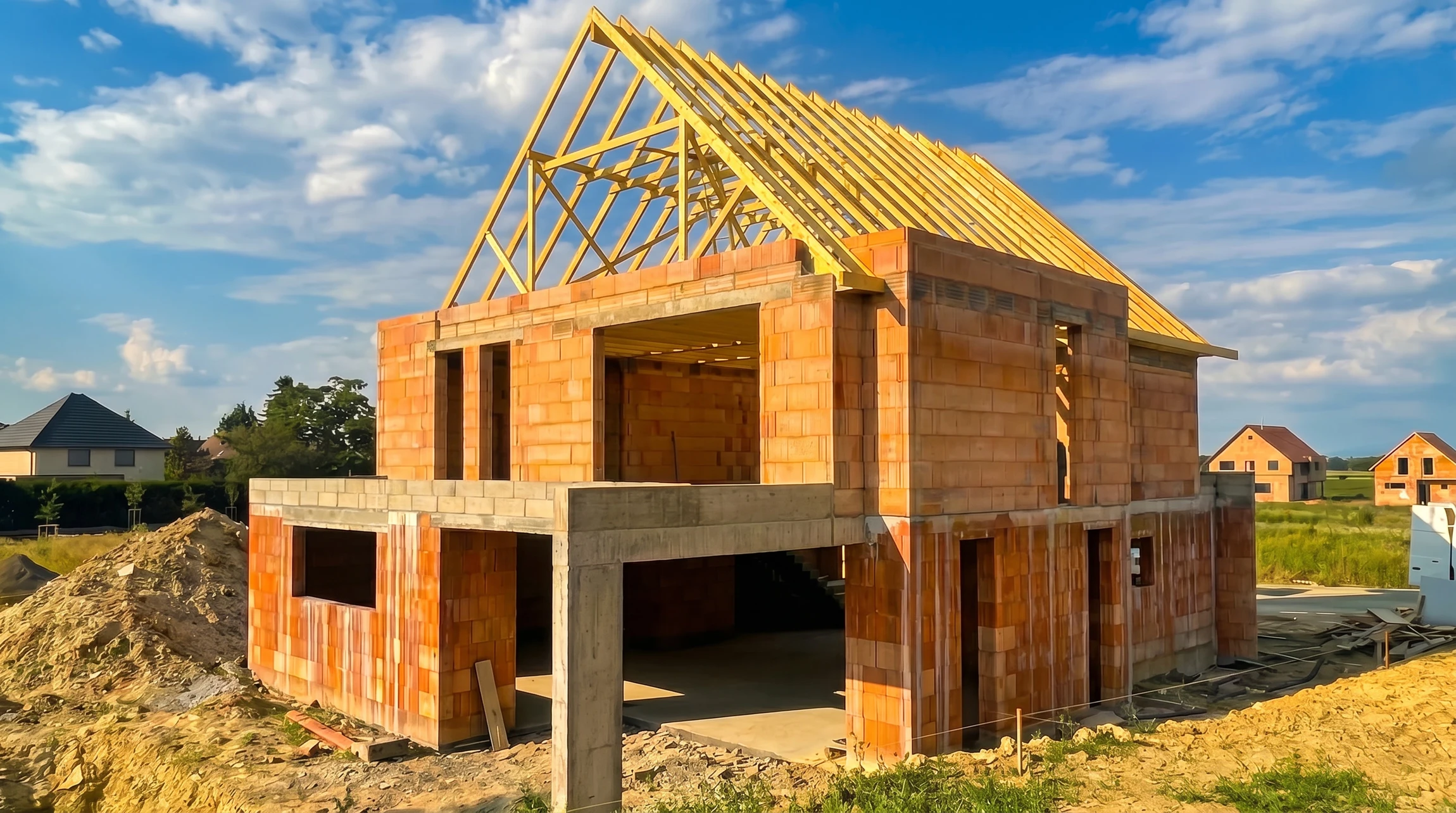 Chantier de construction d'une maison individuelle à ossature en briques monomur terre cuite, deux niveaux avec combles aménageables
